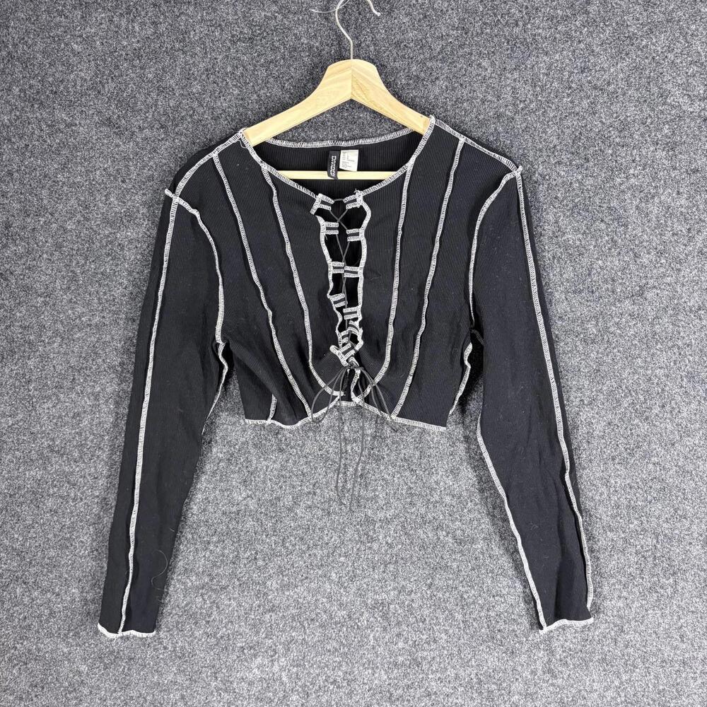 Divided Cropped Top Women L Large Black Tasseled Tie Up Long Sleeve Cotton